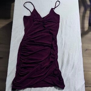 Lizabell Ruched‎ Bodycon Midi Dress Plum Purple Spaghetti Strap  Medium